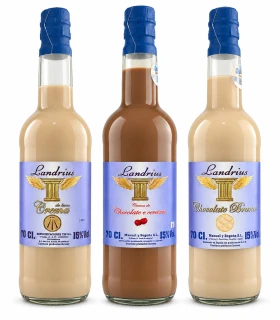 Pack Landrius con crema de orujo, crema de chocolate blanco y crema de chocolate y cereza